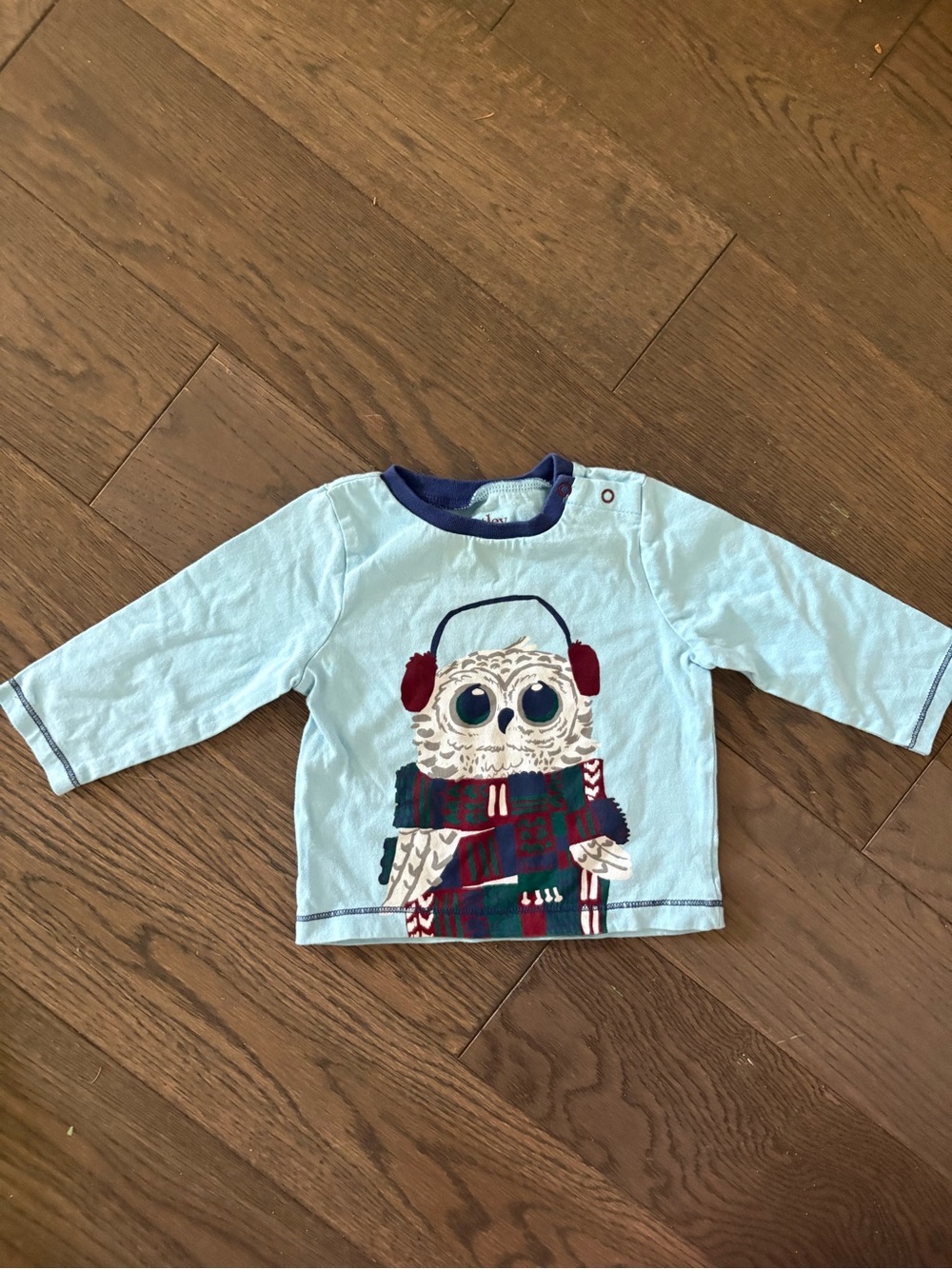 (5/$20) Hatley Light Blue Owl Sweatshirt with Navy Trim